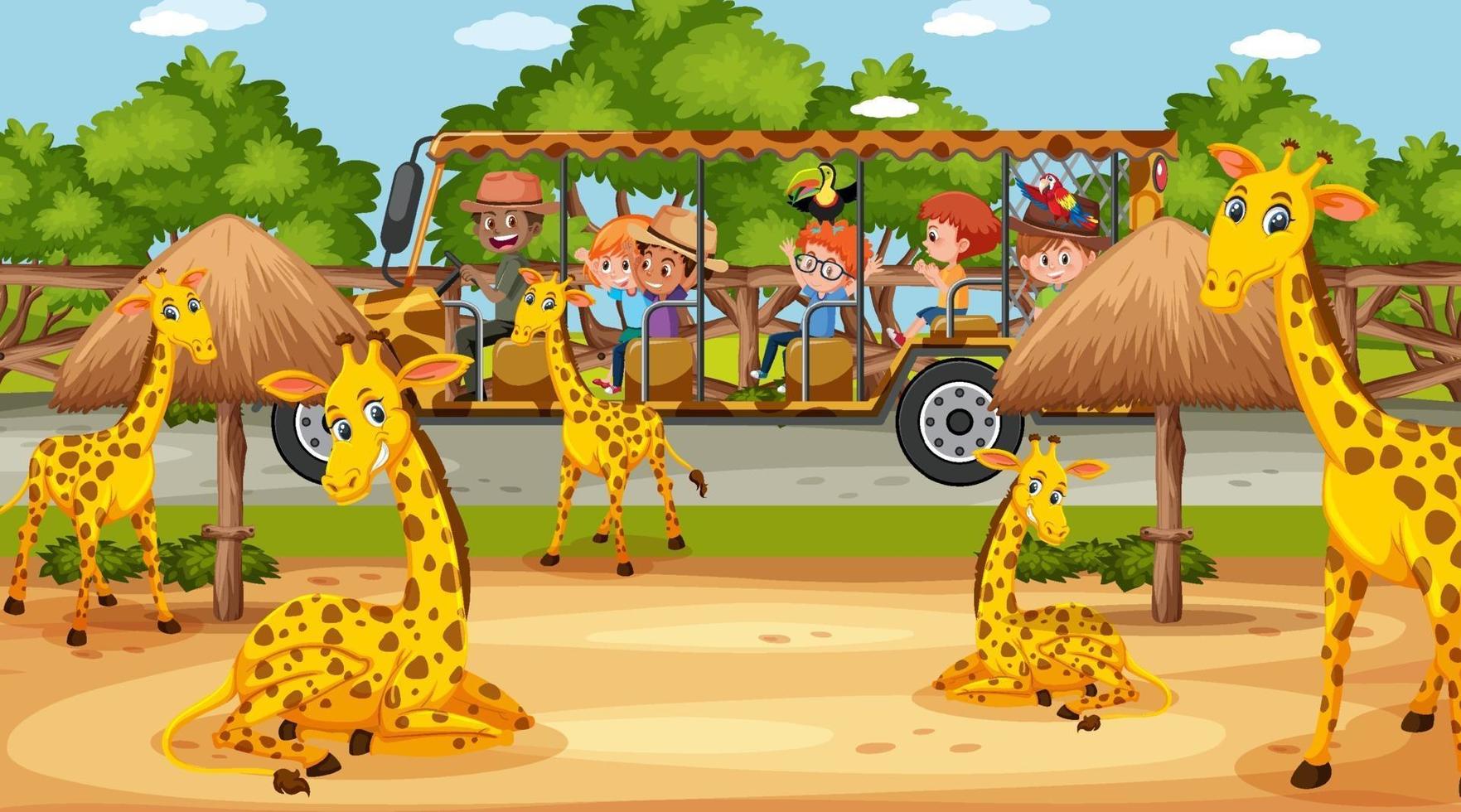 Tour para niños en escena de safari con muchas jirafas. vector