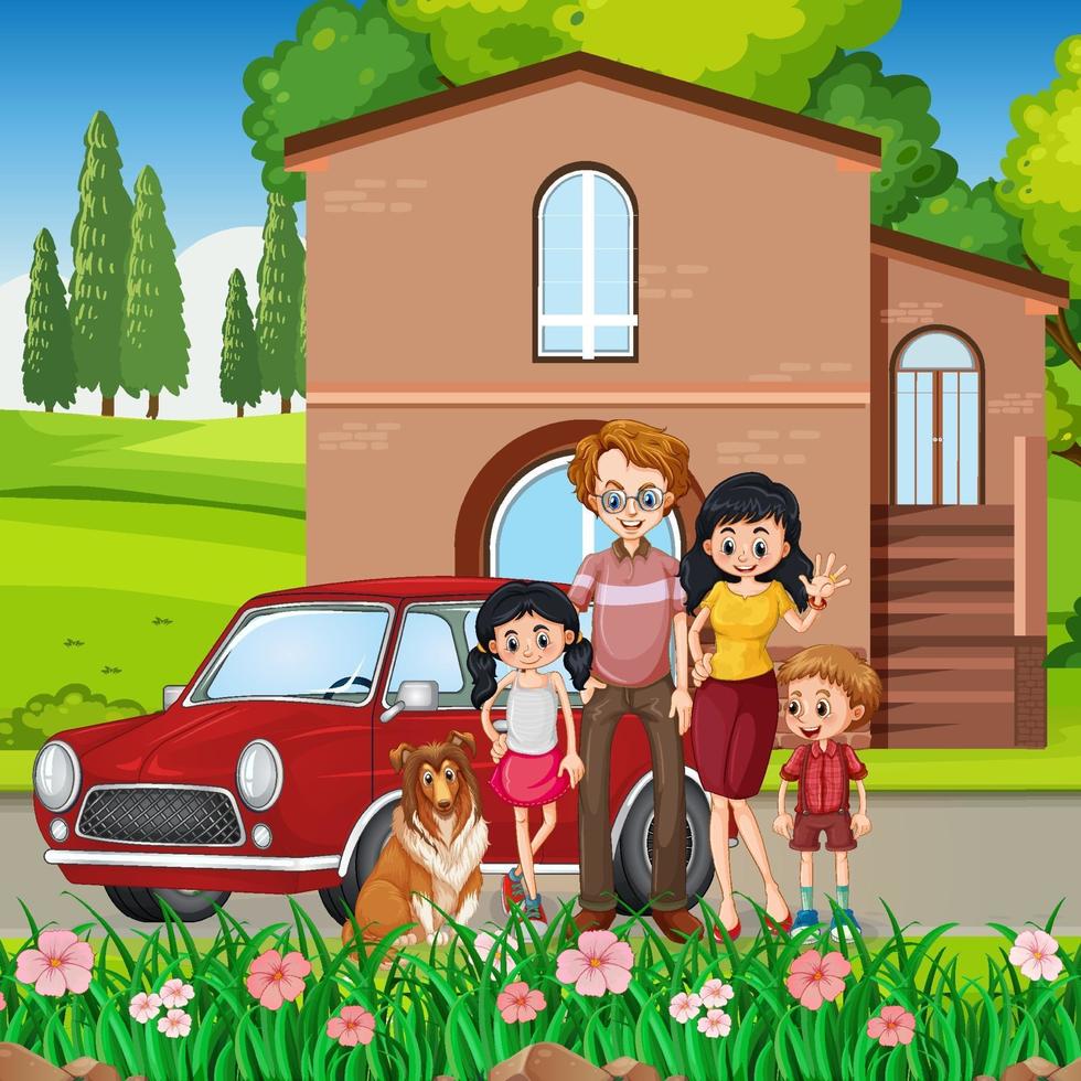 Happy family standing outside home with a car vector