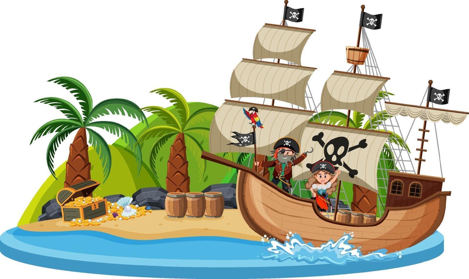 Barco pirata en la isla con muchos niños aislado sobre fondo blanco. vector