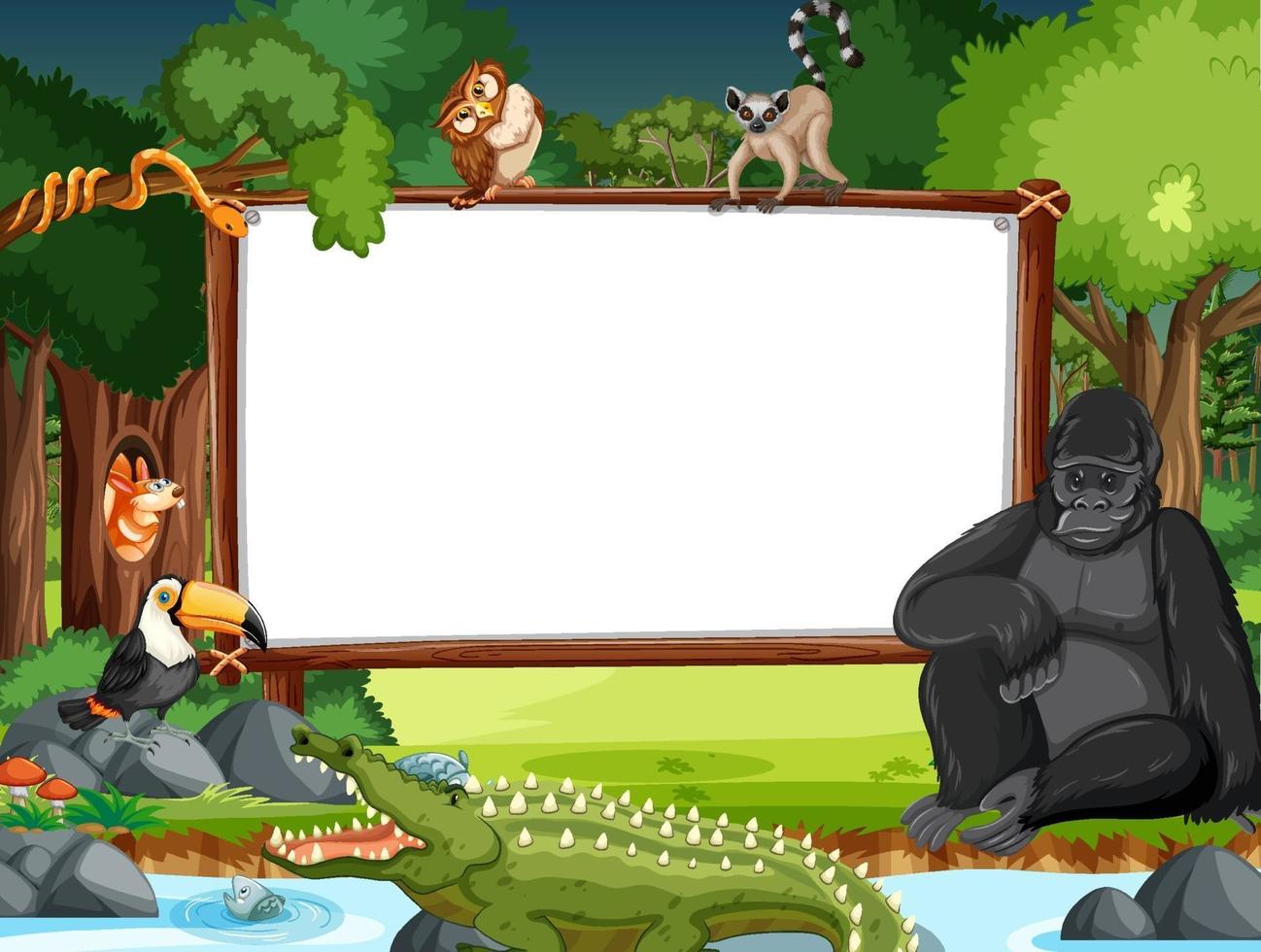 Banner en blanco en la escena de la selva tropical con animales salvajes vector