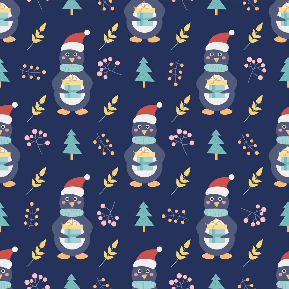 Penguin with a gift and Christmas trees and other decorative elements on a dark blue background. Christmas and new year printing. Vector seamless pattern. Children's decor