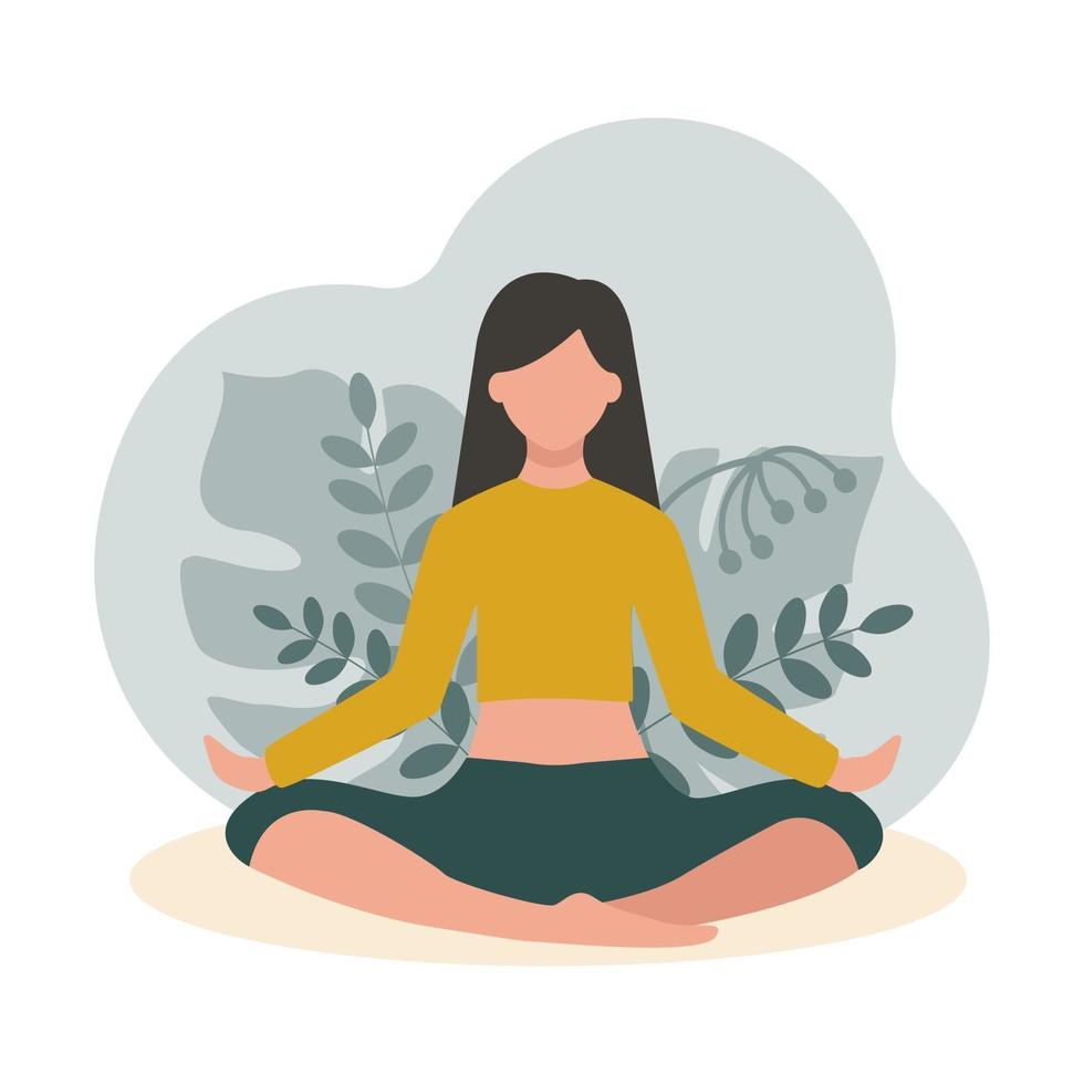 una niña está sentada en una posición de loto sobre un fondo de plantas. yoga en la naturaleza. meditación, relajación. ilustración plana vectorial aislado en un fondo blanco vector