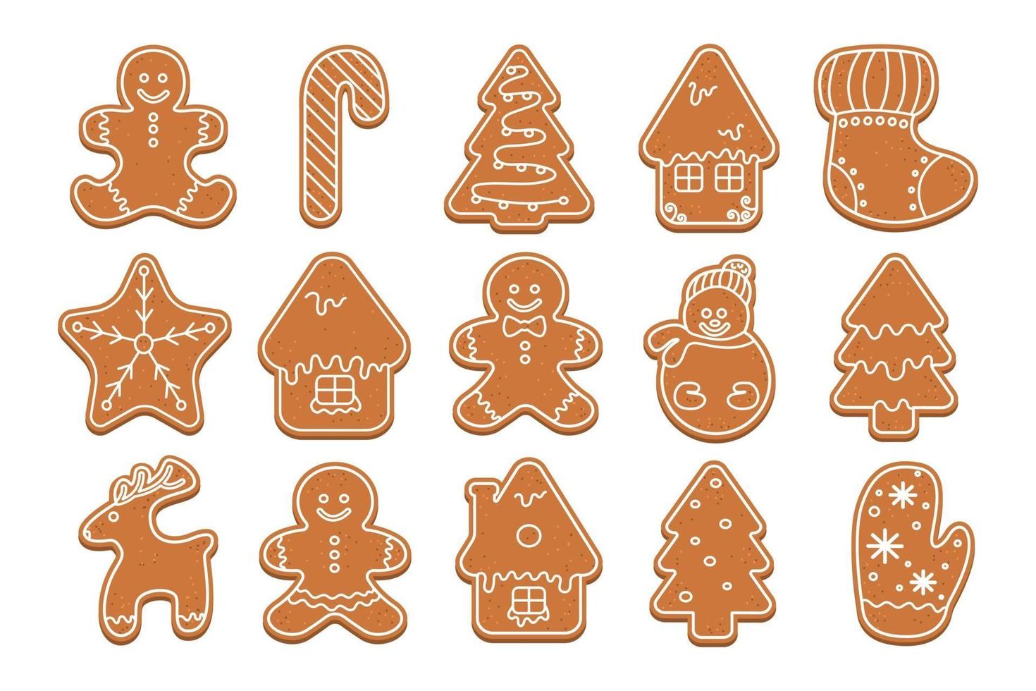 gran conjunto de hombre de pan de jengibre de Navidad, bastón de caramelo, árbol de Navidad, casa, calcetín, estrella, muñeco de nieve, ciervo, manopla. colección navideña de figuras de galletas de jengibre. vector ilustración plana