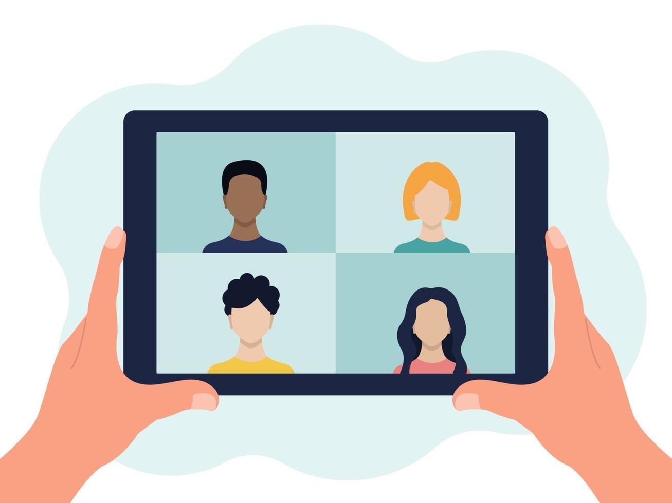 Tablet device in their hands. There are 4 people on the screen. Video conference, online communication. Vector flat illustration isolated on a white background