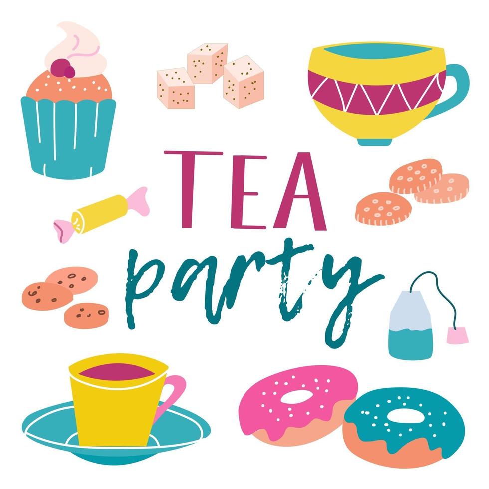 tea party kit. Muffin, mugs, sugar, candy, cookies, tea bag, doughnuts. Bright juicy colors on a white background. Vector image