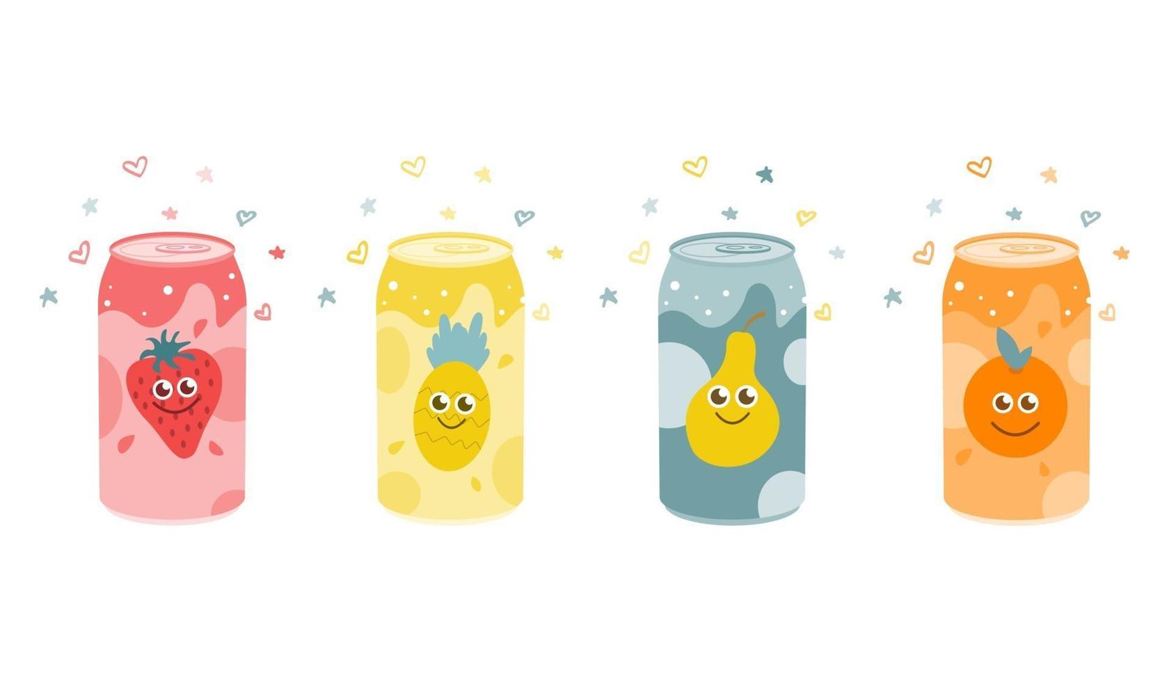 Set of fruit carbonated drinks. Strawberry, pineapple, orange, pear. Vector flat illustration on a white background