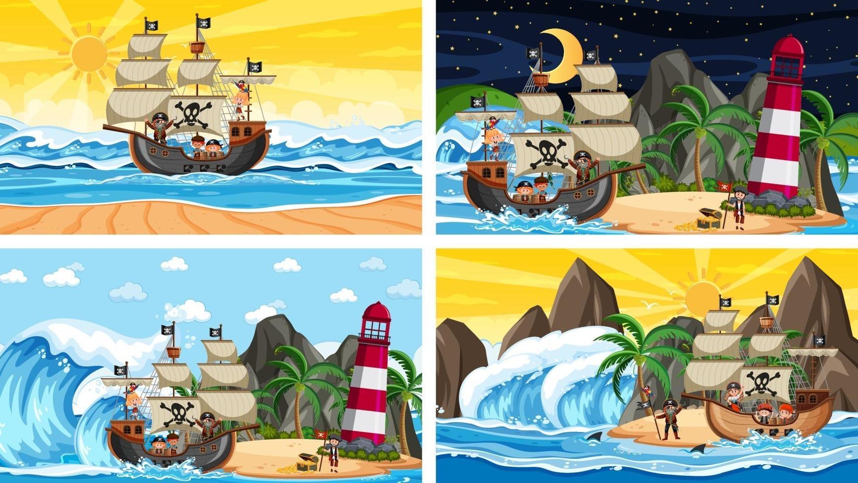 Set of different beach scenes with pirate ship and pirate cartoon character vector