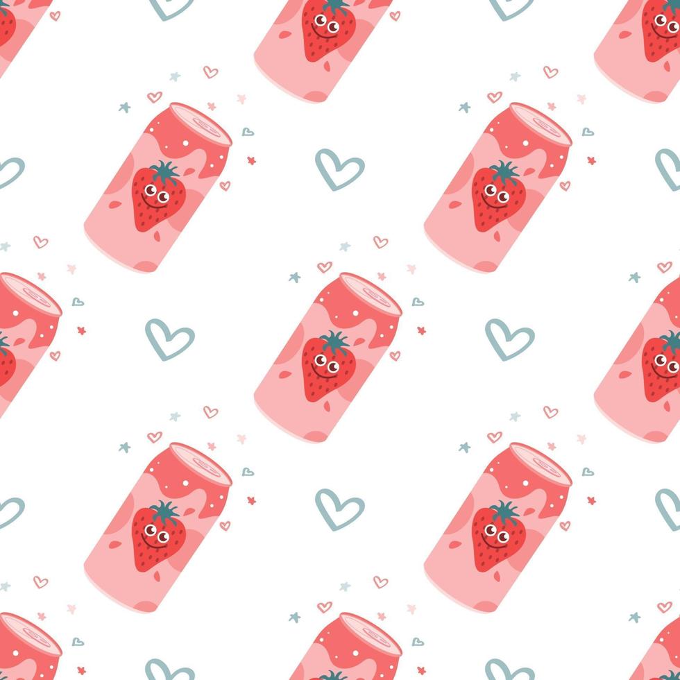 Strawberry carbonated drink in an aluminum metal can. Vector seamless pattern on a white background