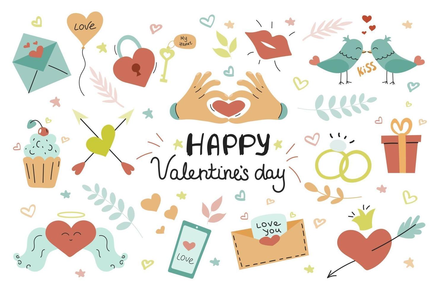 Big set for Valentine's Day. Handwritten text, cute illustrations for greeting cards, posters, stickers. Vector image on a white background. February 14