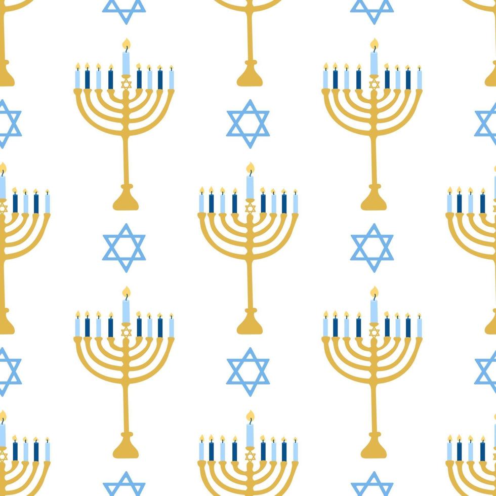 Happy Hanukkah, the Jewish festival of lights. Menorah candle holder with lighted candles. Vector seamless pattern on a white background, Wallpaper.