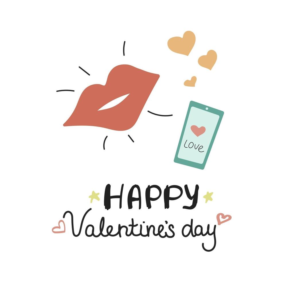 Kiss, chat via smartphone. Valentine's day greeting card in Doodle style. Vector illustration on a white background