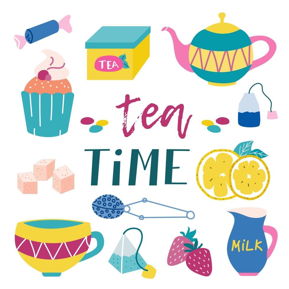 tea party kit. Muffin, candy, tea box, teapot, tea bag, sugar, lemon, cup, strawberry, milk. Bright juicy colors on a white background. Vector image