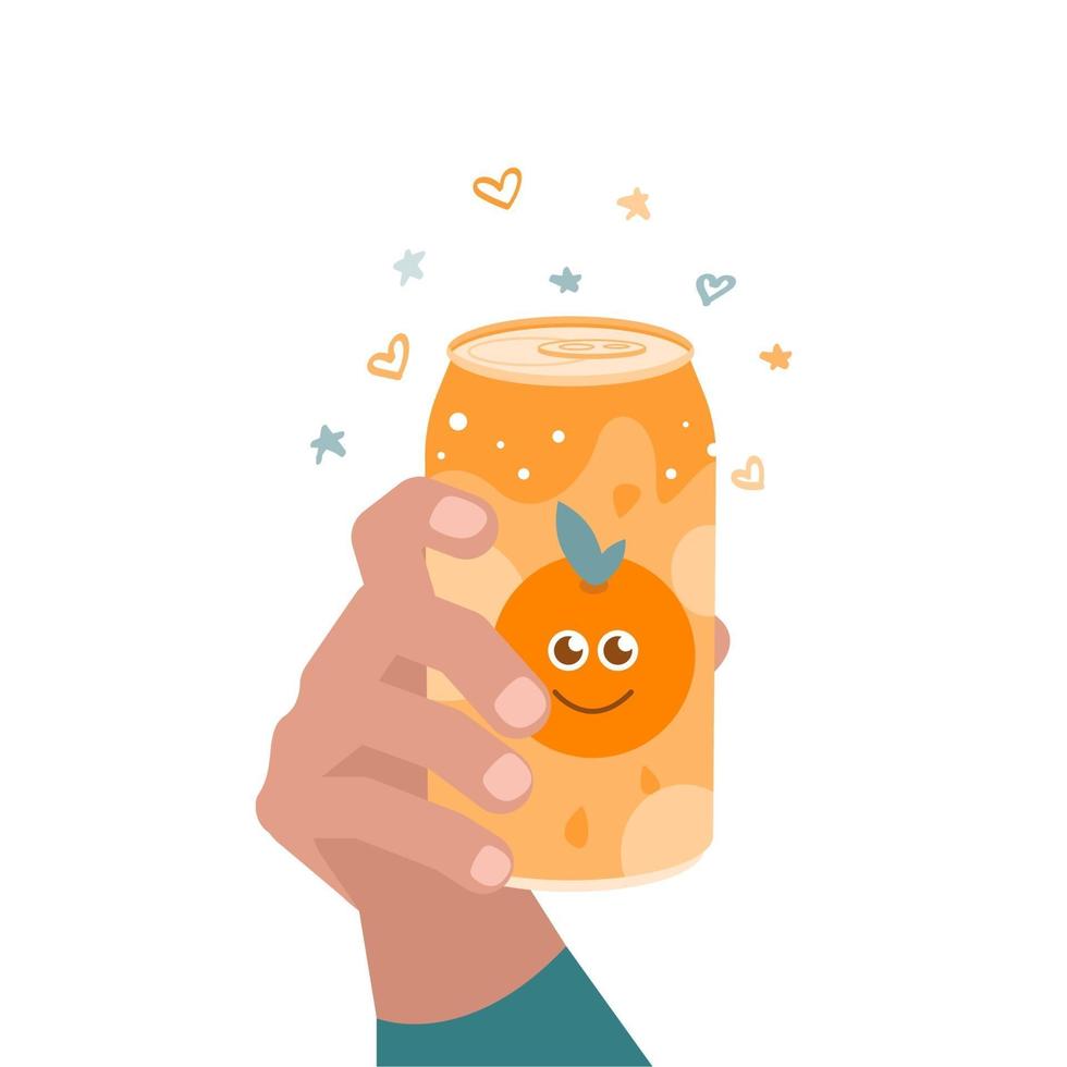 Orange drink in hand, aluminum can of soda. Vector flat image on a white background