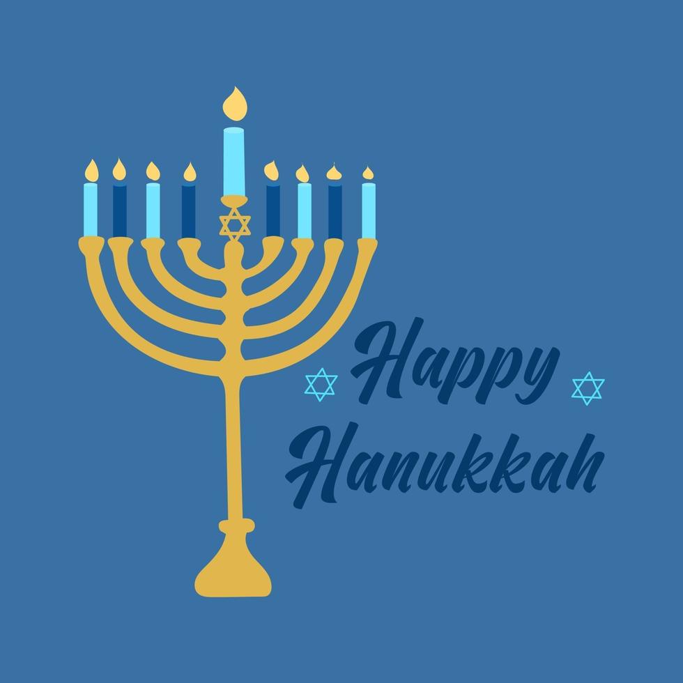 Happy Hanukkah, Jewish festival of Lights. Vector greeting card, poster on blue background