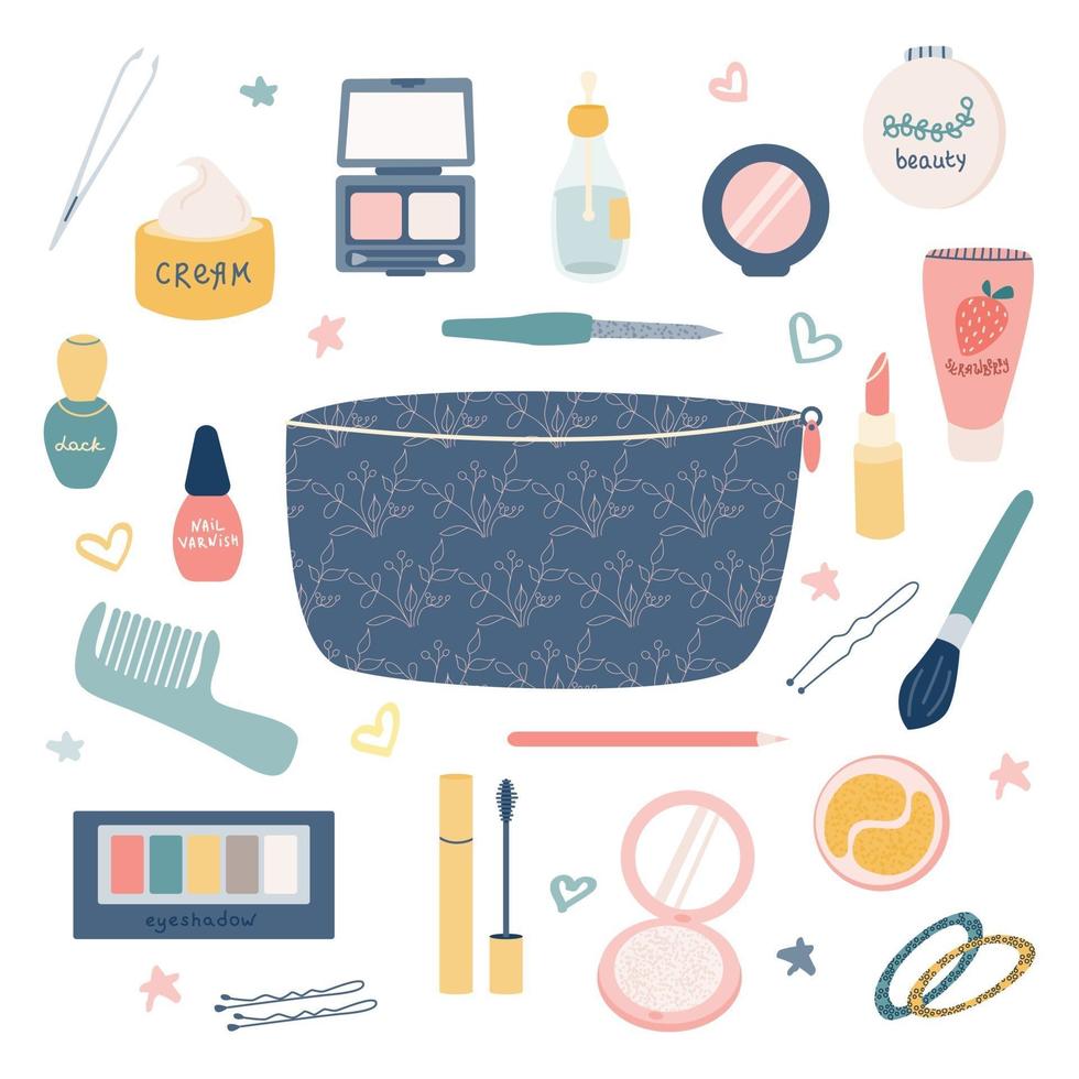 un gran conjunto de artículos para maquillaje y cuidado personal de una bolsa de cosméticos lápiz labial, crema, rímel, sombra de ojos, peine, polvos, etc.imagen plana de vector de bolso de mujer sobre un fondo blanco