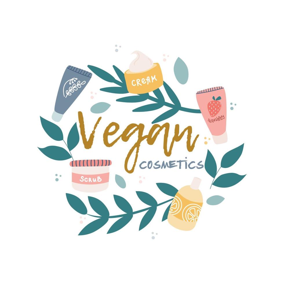 Icon, logo of Vegan cosmetics. Plants, branches, jars of cream and tubes, decorative elements in a circle. Vector image on a white background