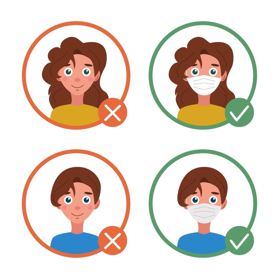 Information for visitors. With and without a mask. Individual protection against coronavirus, no entry without a mask. Vector flat image on a white background