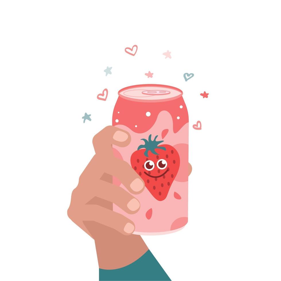 bebida de fresa en la mano, lata de refresco de aluminio. vector de imagen plana sobre un fondo blanco