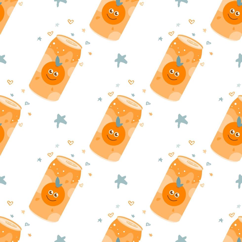 Orange carbonated drink in an aluminum metal can. Vector seamless pattern on a white background