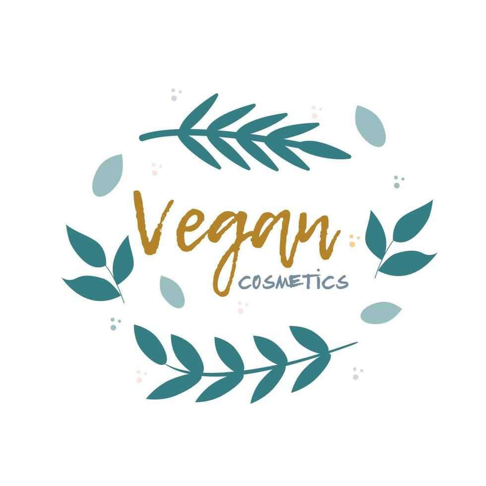 Icon, logo of Vegan cosmetics. Plants, branches, decorative elements in a circle. Vector image on a white background