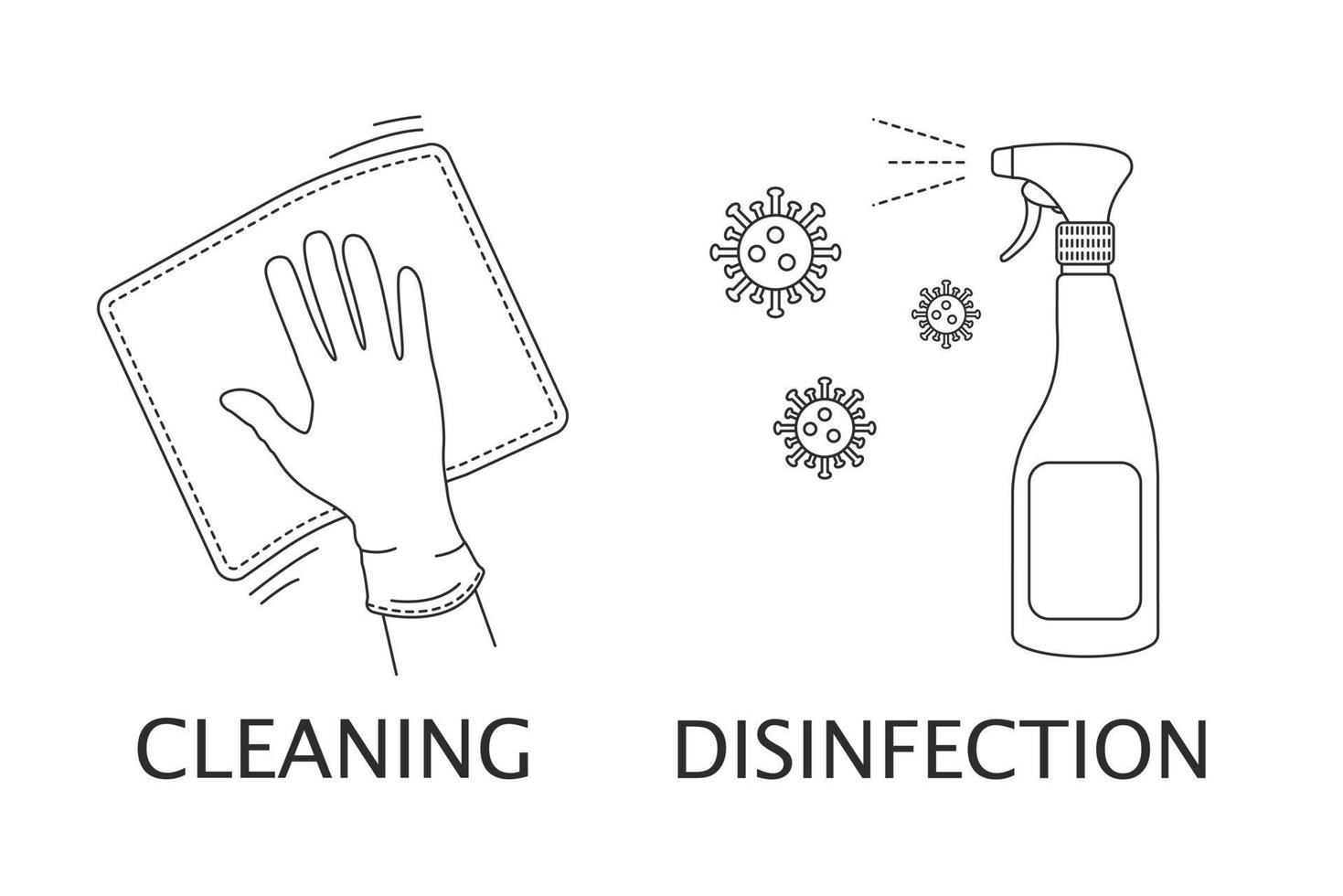 Icons on the theme of Cleaning, disinfection, fighting coronavirus, bacteria. Cleaning of premises, hospitals, children's institutions. Vector linear style on a white background