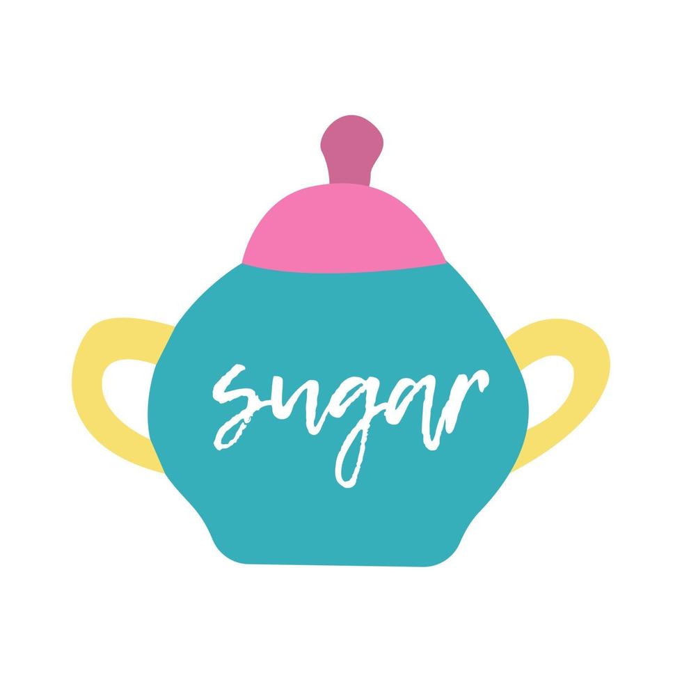 Bright colored sugar bowl with handles. Vector flat image on a white background