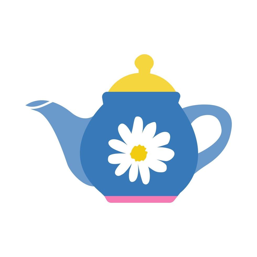 Blue teapot with chamomile and yellow lid. The tea party. Vector flat image on a white background