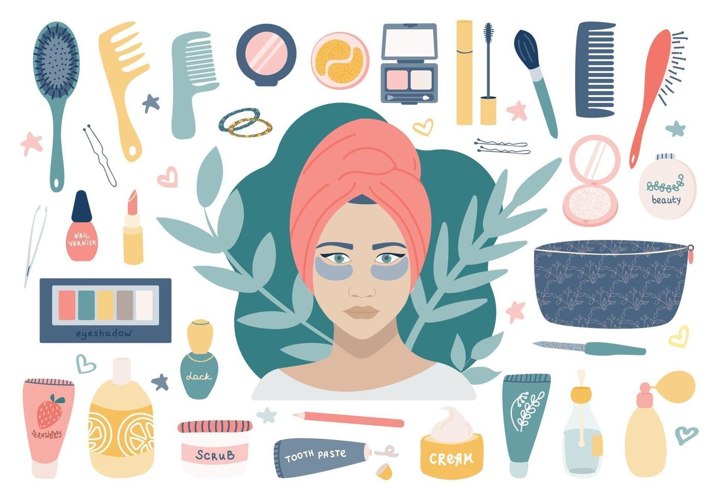 Large cosmetic set with grooming cosmetics. A girl with patches under her eyes, a makeup bag and its contents. Vector image on a white background