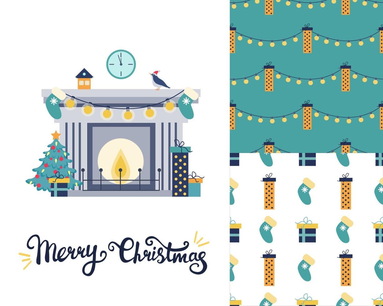 Set with a Christmas greeting card. Fireplace with Christmas tree and gifts. two Festive patterns. Vector flat image