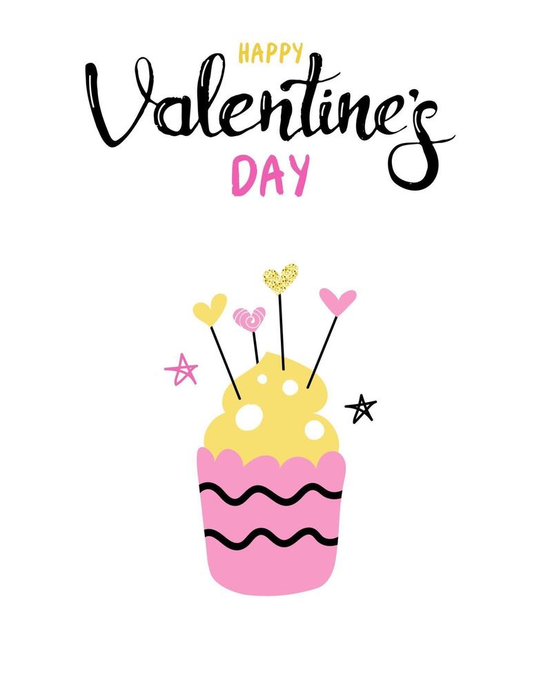 Happy Valentine's Day. Muffin, cupcake with hearts on a white background. Greeting card, poster, flyer. Vector flat image