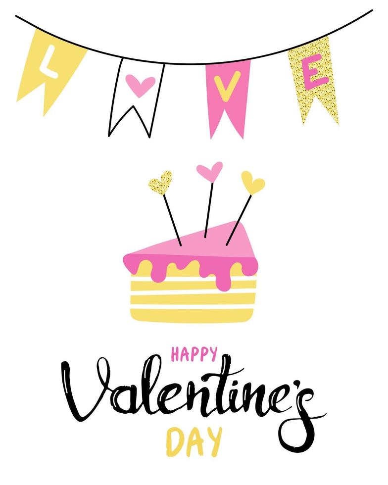 Happy Valentine's Day. A piece of cake with hearts on a white background. Greeting card, poster, flyer. Vector flat image