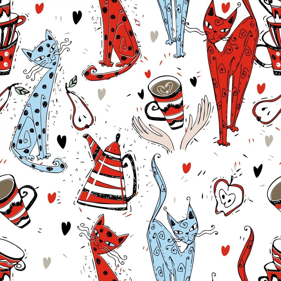 Seamless pattern on the theme of tea drinking. Tea with a kettle and cats. Tea time. Vector. vector