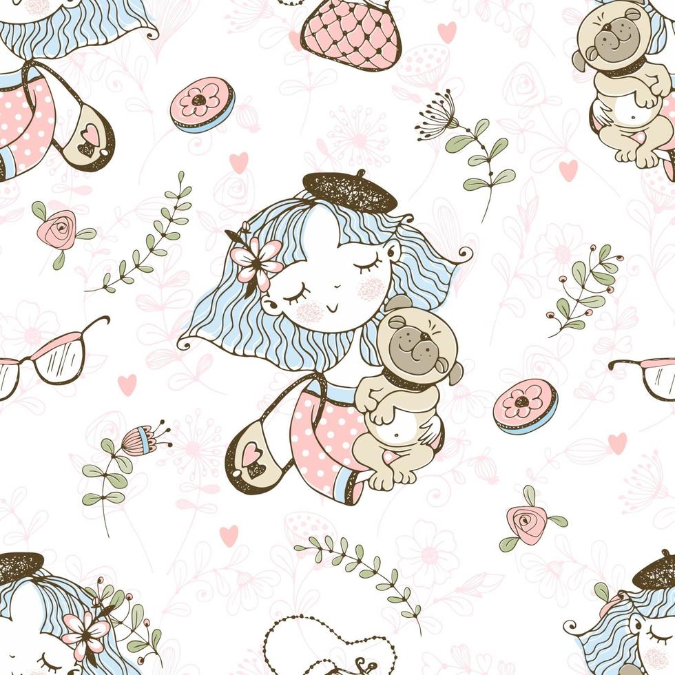 A seamless pattern with a cute girl with her pet little dog pug. Vector. vector