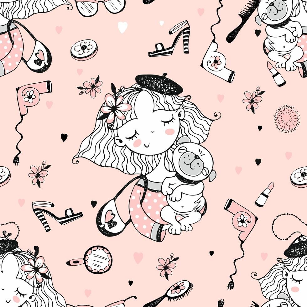 A seamless pattern with a cute girl with her pet little dog pug. Vector. vector