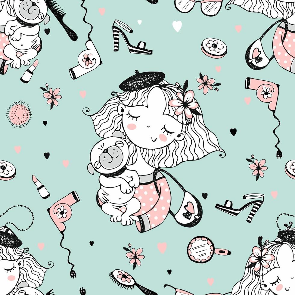 A seamless pattern with a cute girl with her pet little dog pug. Vector. vector