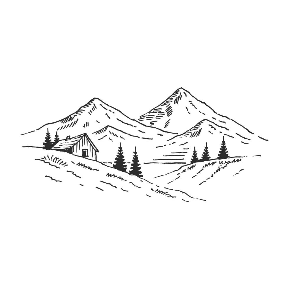 House in mountains with pine trees. Landscape black on white background. Hand drawn rocky peaks in sketch style. Vector illustration.