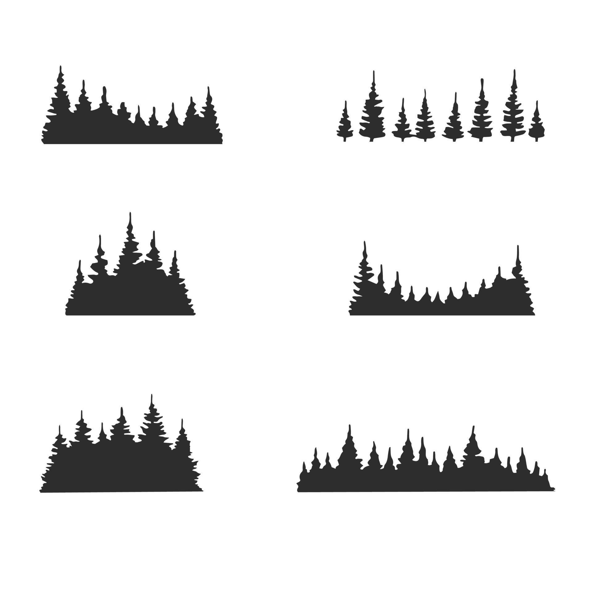 Set of pine trees forest silhouette isolated on white background. Hand