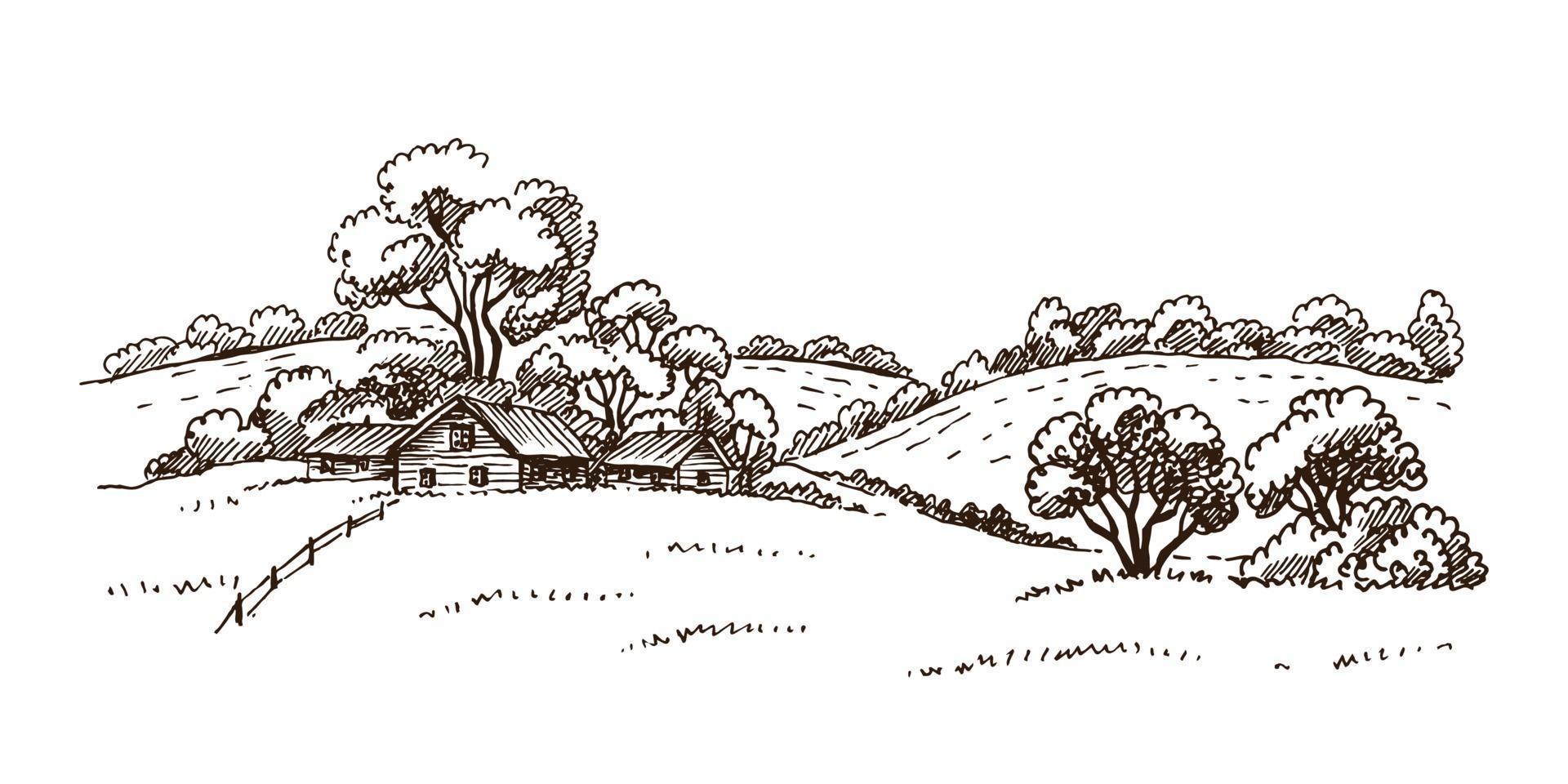 Hand drawn vector nature illustration with rural landscape with a farm.