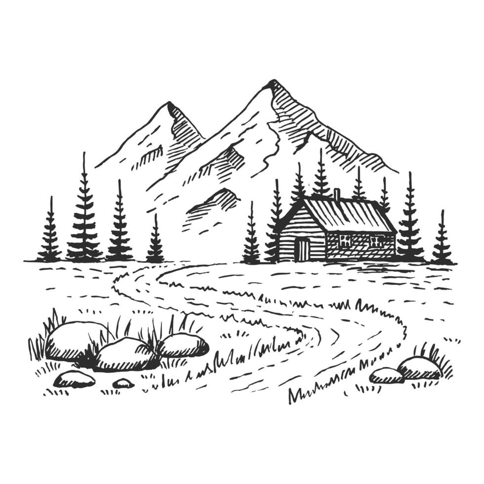 Mountain with pine trees and country house landscape black on white background. Hand drawn rocky peaks in sketch style. Vector illustration.