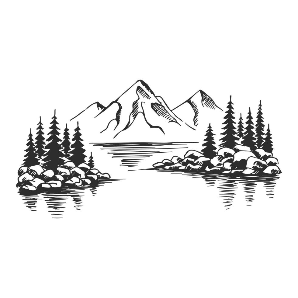 Mountain with pine trees and lake landscape black on white background. Hand drawn rocky peaks in sketch style. Vector illustration.