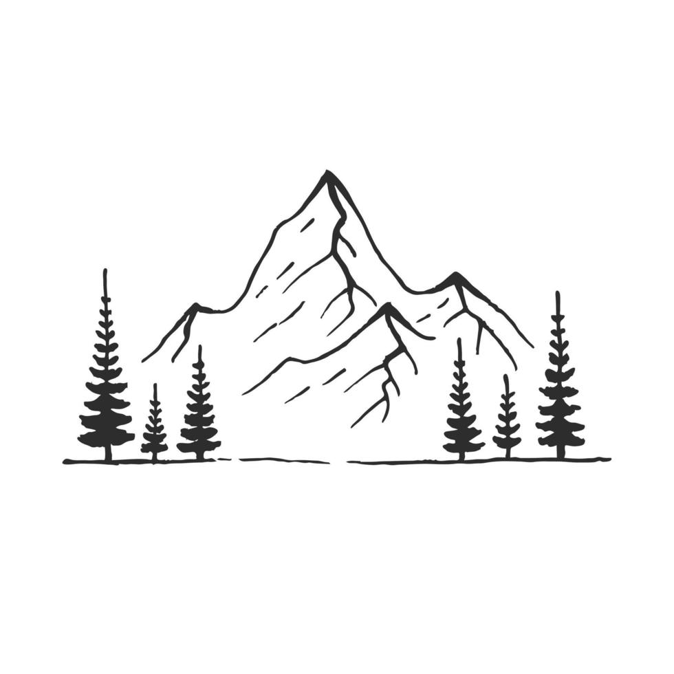 Mountain with pine trees and landscape black on white background. Hand drawn rocky peaks in sketch style. Vector illustration.