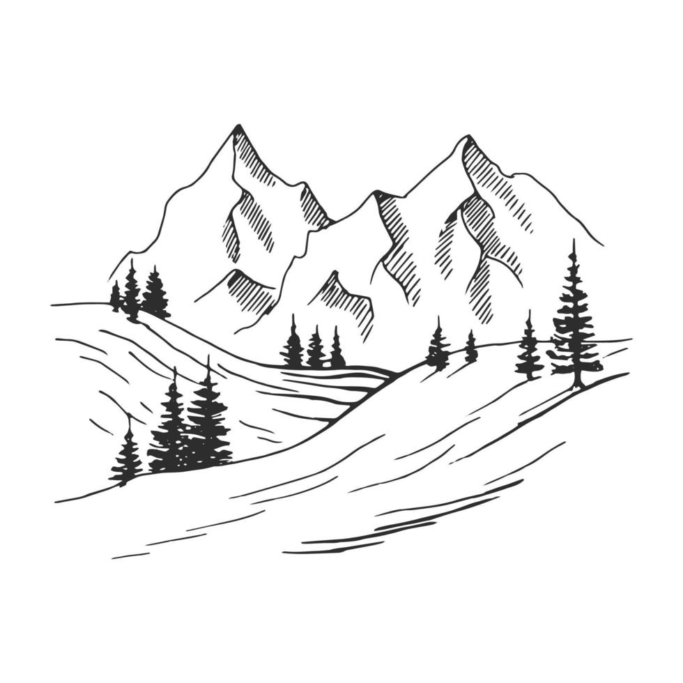 Hand drawn vector illustration of mountain landscape.