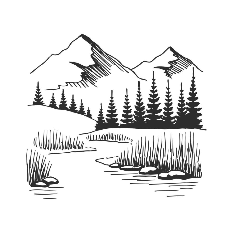 Mountain with pine trees and lake landscape black on white background. Hand drawn rocky peaks in sketch style. Vector illustration.