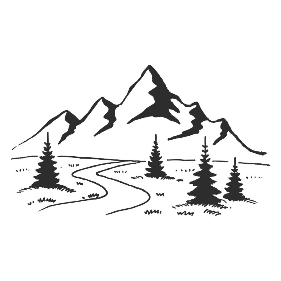 Ilustración de vector dibujado a mano del paisaje de montaña con pinos.