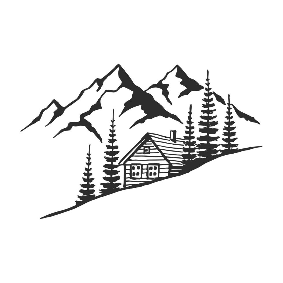 House in mountains with pine trees. Landscape black on white background. Hand drawn rocky peaks in sketch style. Vector illustration.