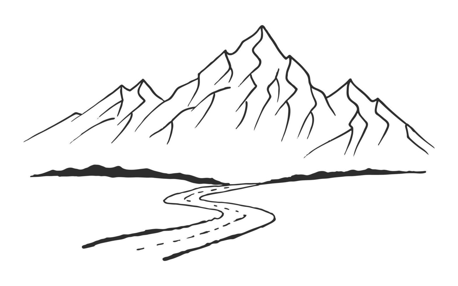Road to mountains. Landscape black on white background. Hand drawn rocky peaks in sketch style. Vector illustration