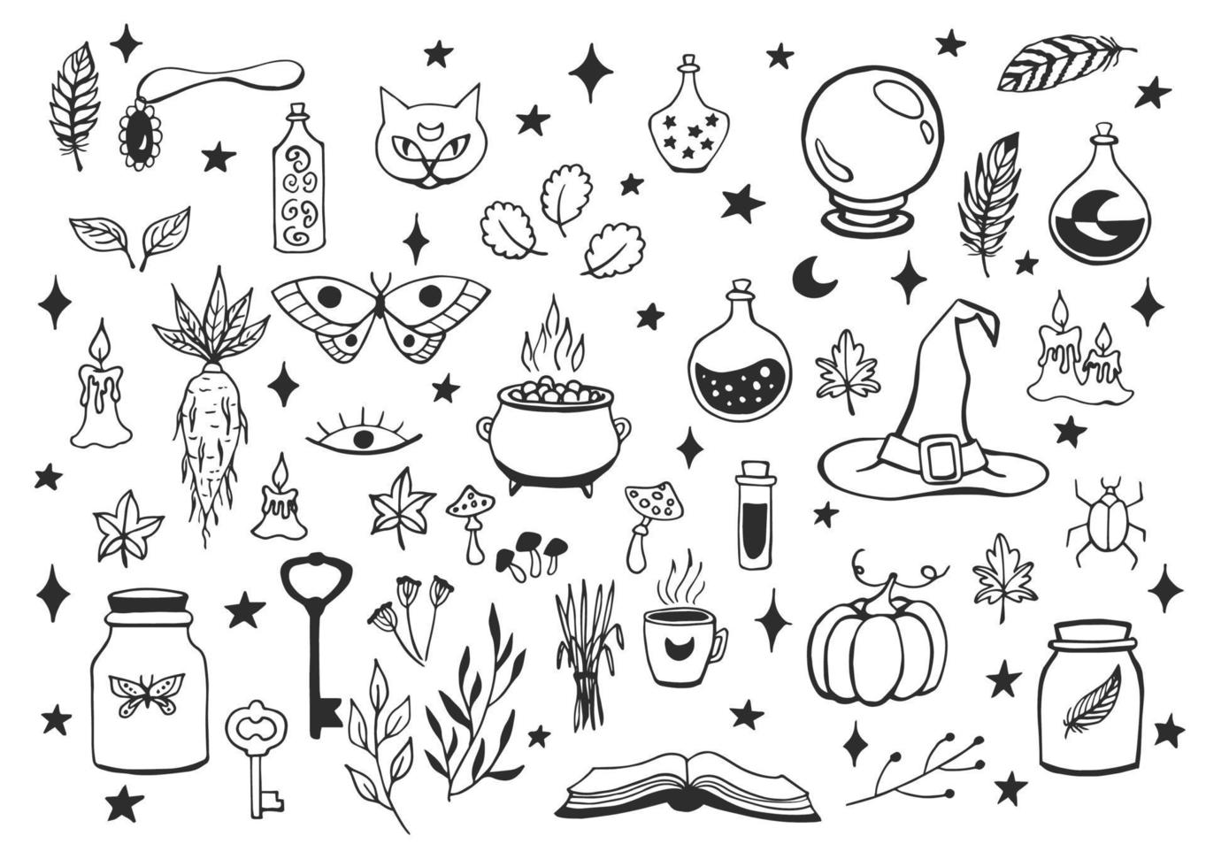 Witchcraft, magic background for witches and wizards. Vector vintage collection. Hand drawn magic tools, concept of witchcraft.