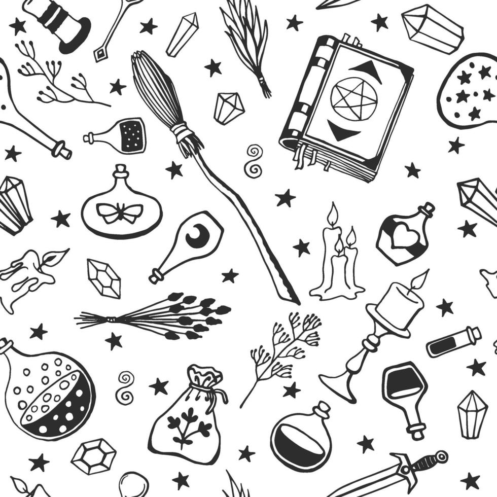 brujería, fondo mágico para brujas y magos. vector de patrones sin fisuras en estilo vintage. herramientas mágicas dibujadas a mano, concepto de brujería. 2220071 Vector en Vecteezy brujería, fondo mágico para brujas y magos. vector de patrones sin fisuras en estilo vintage. herramientas mágicas dibujadas a mano, concepto de brujería. 2220071 Vector en Vecteezy