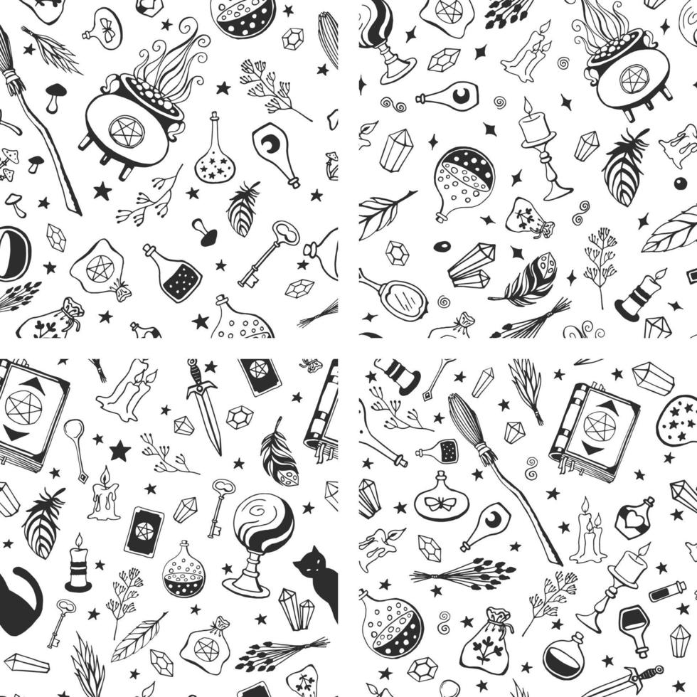 Witchcraft, magic background for witches and wizards. Vector seamless pattern in vintage style. Hand drawn magic tools, concept of witchcraft.