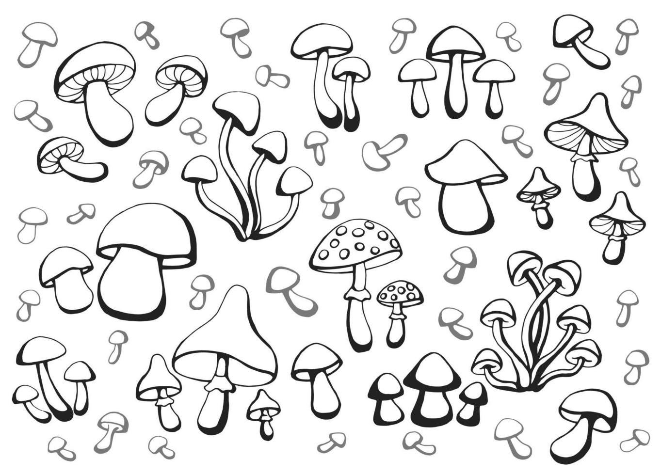 Hand drawn set of mushrooms. Outline drawing. Vector illustration. Black and white.